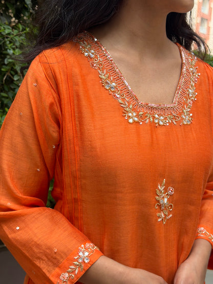 A0634 Orange candy mul Chanderi cord set
