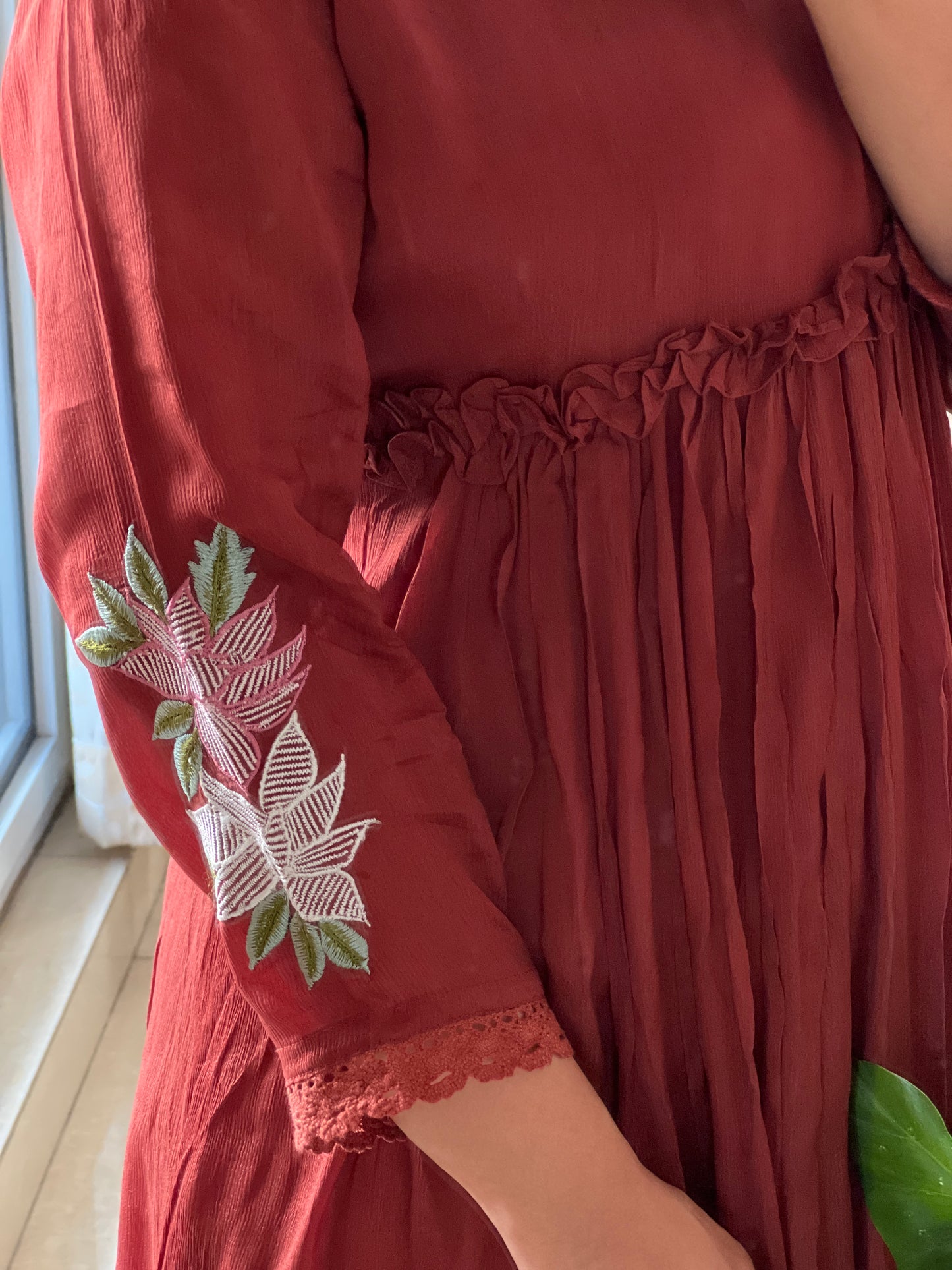 A0397 brown chinnon one piece dress with hand embroidery detailing