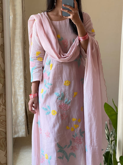 A0565 nude pink mul chanderi 3 piece dress with multi colour applique work detailing all over the dress & duppatta