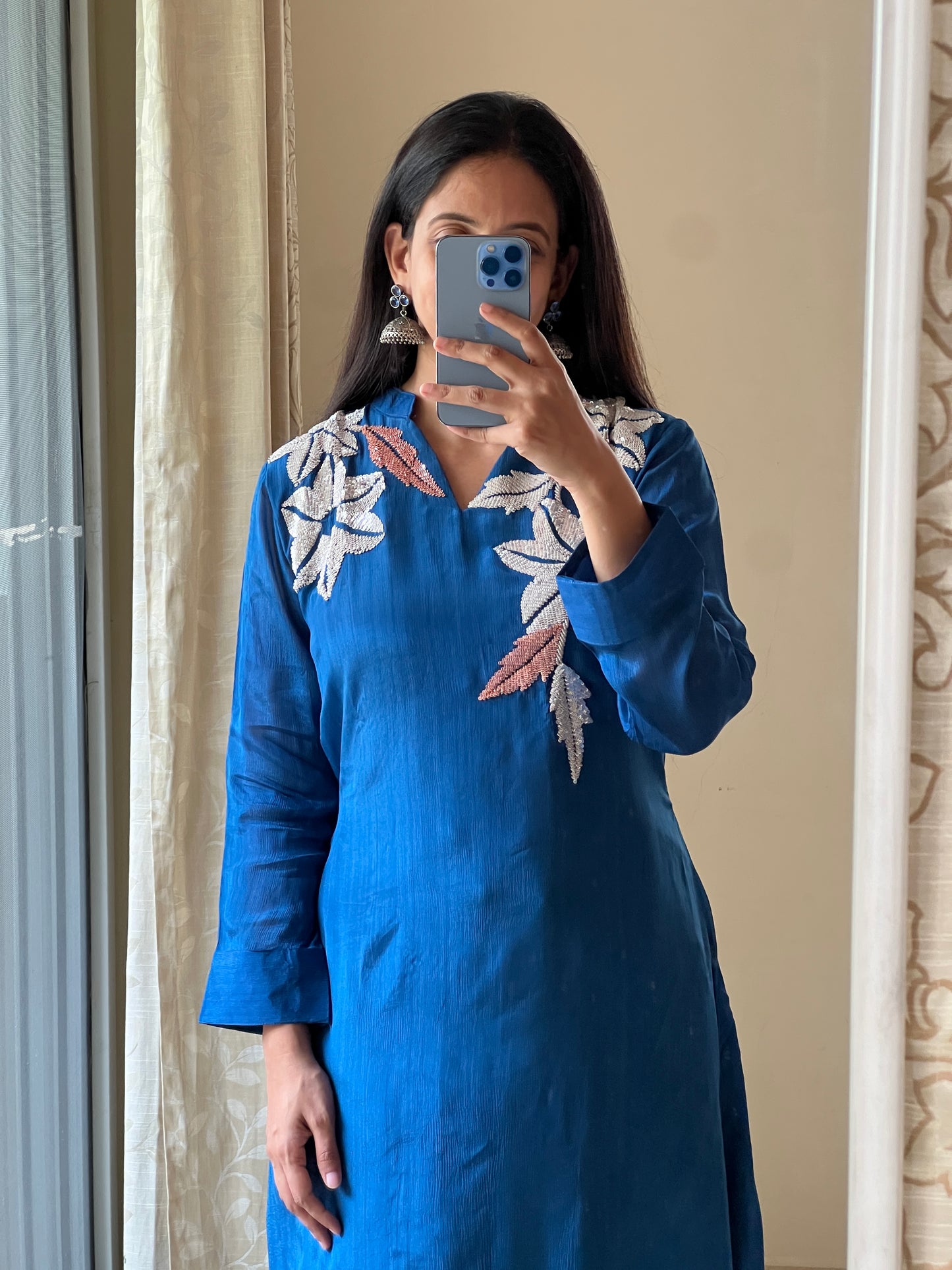 A0437 blue chinnon two piece dress with chips hand embroidery detailing