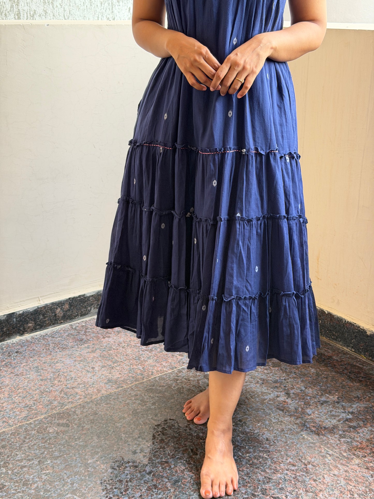 A0744 Blue Bengal cotton Jamdani dress with floral hand embroidery detailing