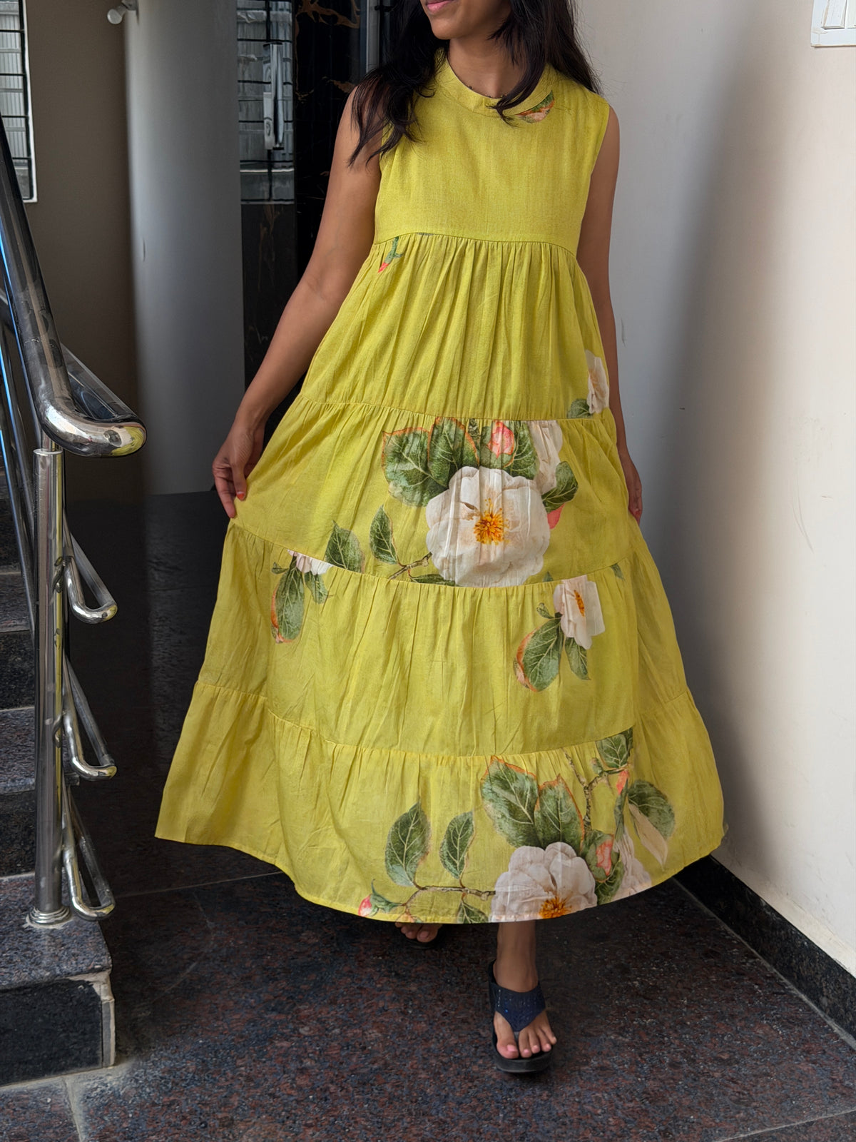 A0825 green mul cotton tier dress