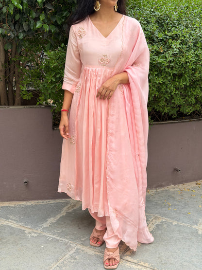 A0676 peach Chinnon 3 piece dress with hand embroidery butties all over the dress with organza cut work duppatta