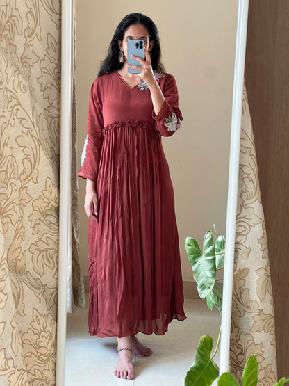 A0397 brown chinnon one piece dress with hand embroidery detailing