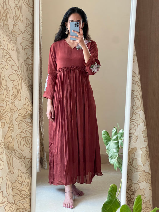 A0397 brown chinnon one piece dress with hand embroidery detailing
