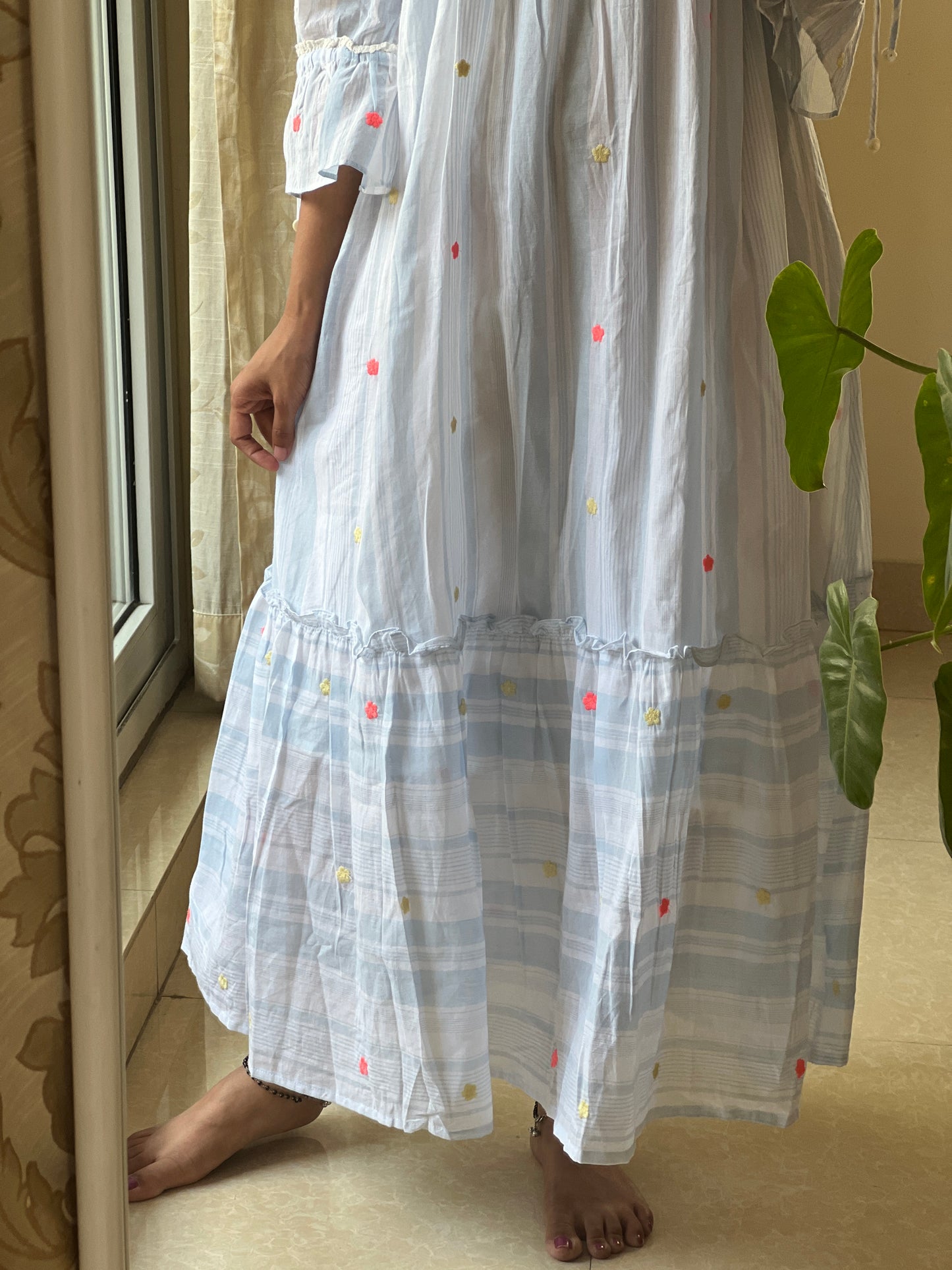 A0360 blue & white stripes Bengal cotton jamdani one piece dress with hand embroidery detailing