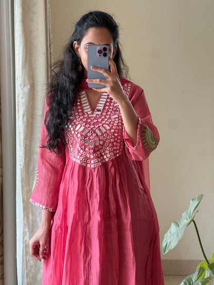 A0387 pink mul chanderi 3 piece dress with mirror work embroidery detailing