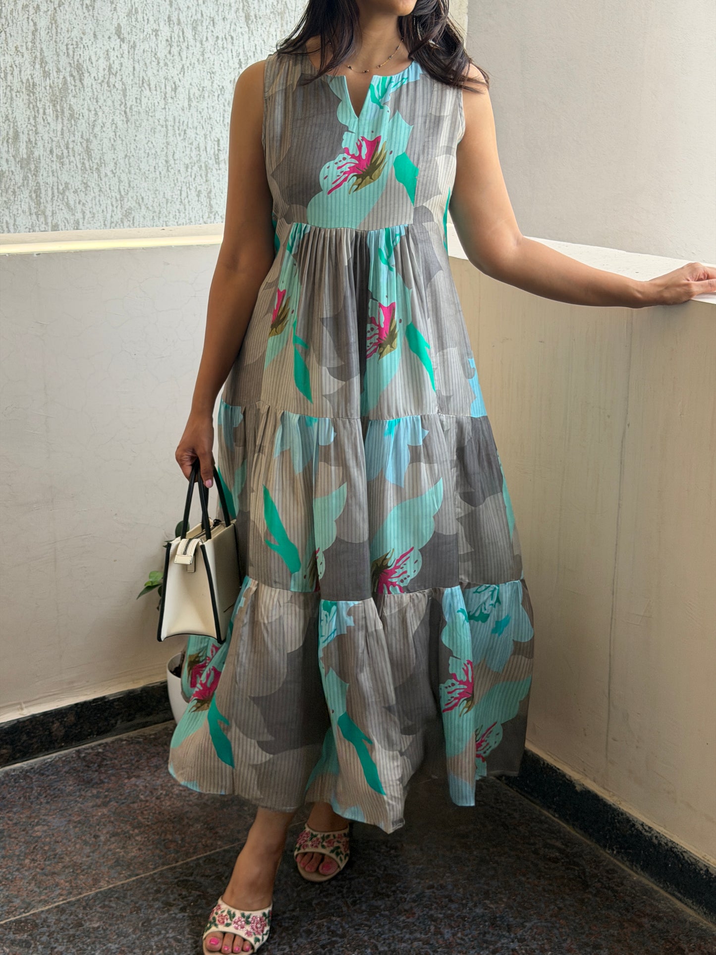 A0784 Grey and Blue abstract print dress in pure cotton silk fabric in 3-tier style