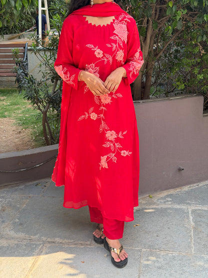 A0698 red mul chanderi 3 piece dress with applique & hand work detailing all over the dress