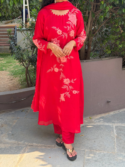 A0698 red mul chanderi 3 piece dress with applique & hand work detailing all over the dress