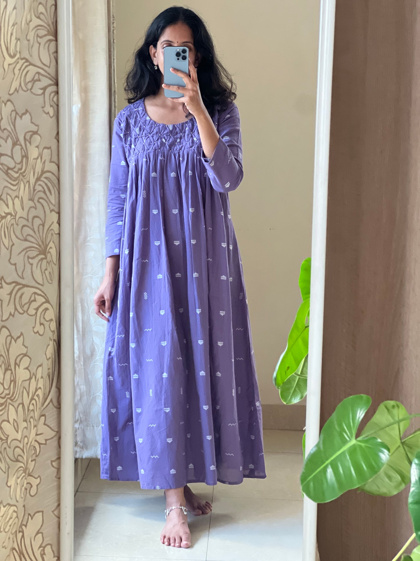 A0544 lavender handloom cotton one piece dress with smocking detailing on yoke part