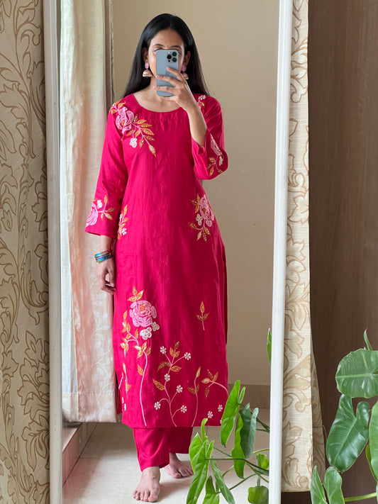 A0432 pink Vatican silk 2 piece dress with hand embroidery, applique & beads work detailing