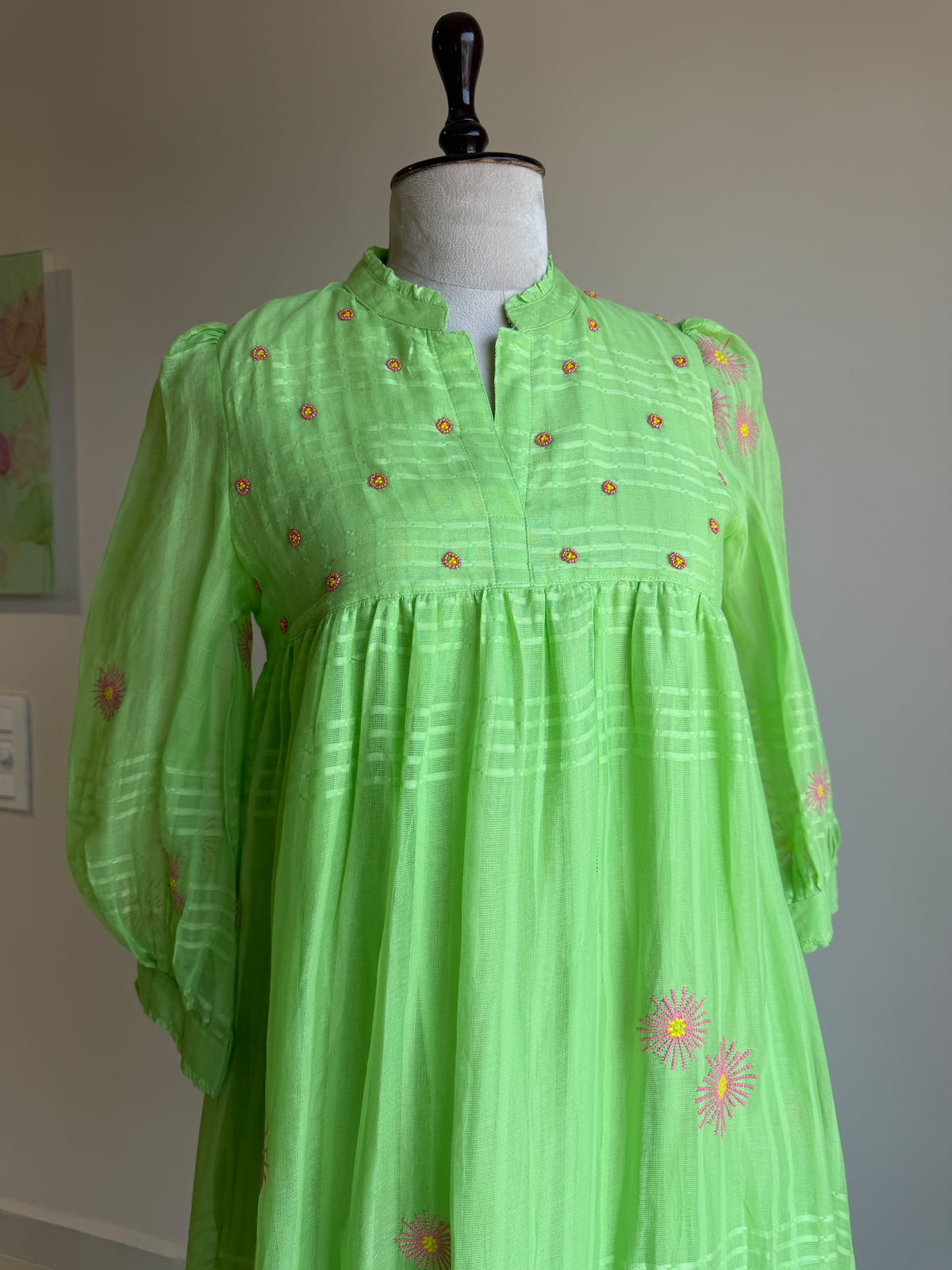 A0860 green self stripes cotton one piece dress