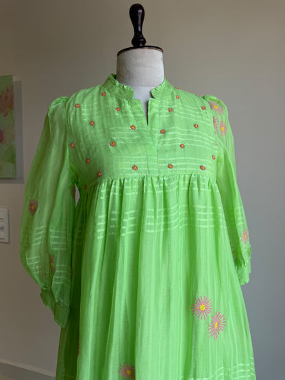 A0860 green self stripes cotton one piece dress