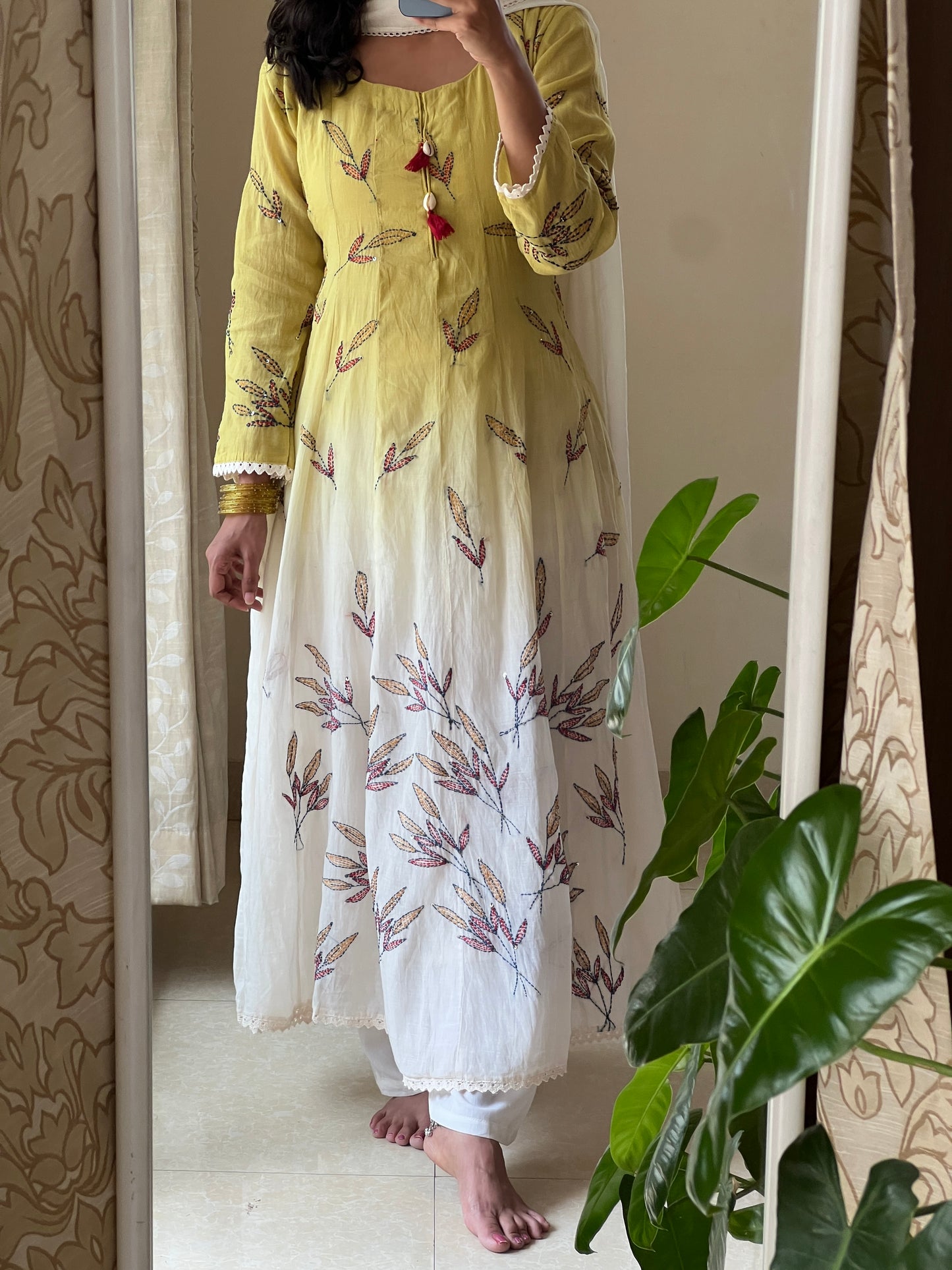 A0504 yellow & white shaded mul chanderi 3 piece dress with Kantha work detailing all over the dress