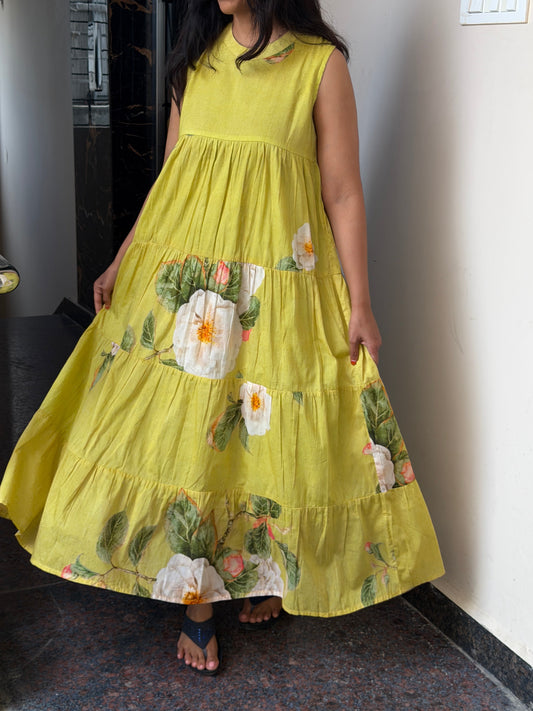 A0825 green mul cotton tier dress