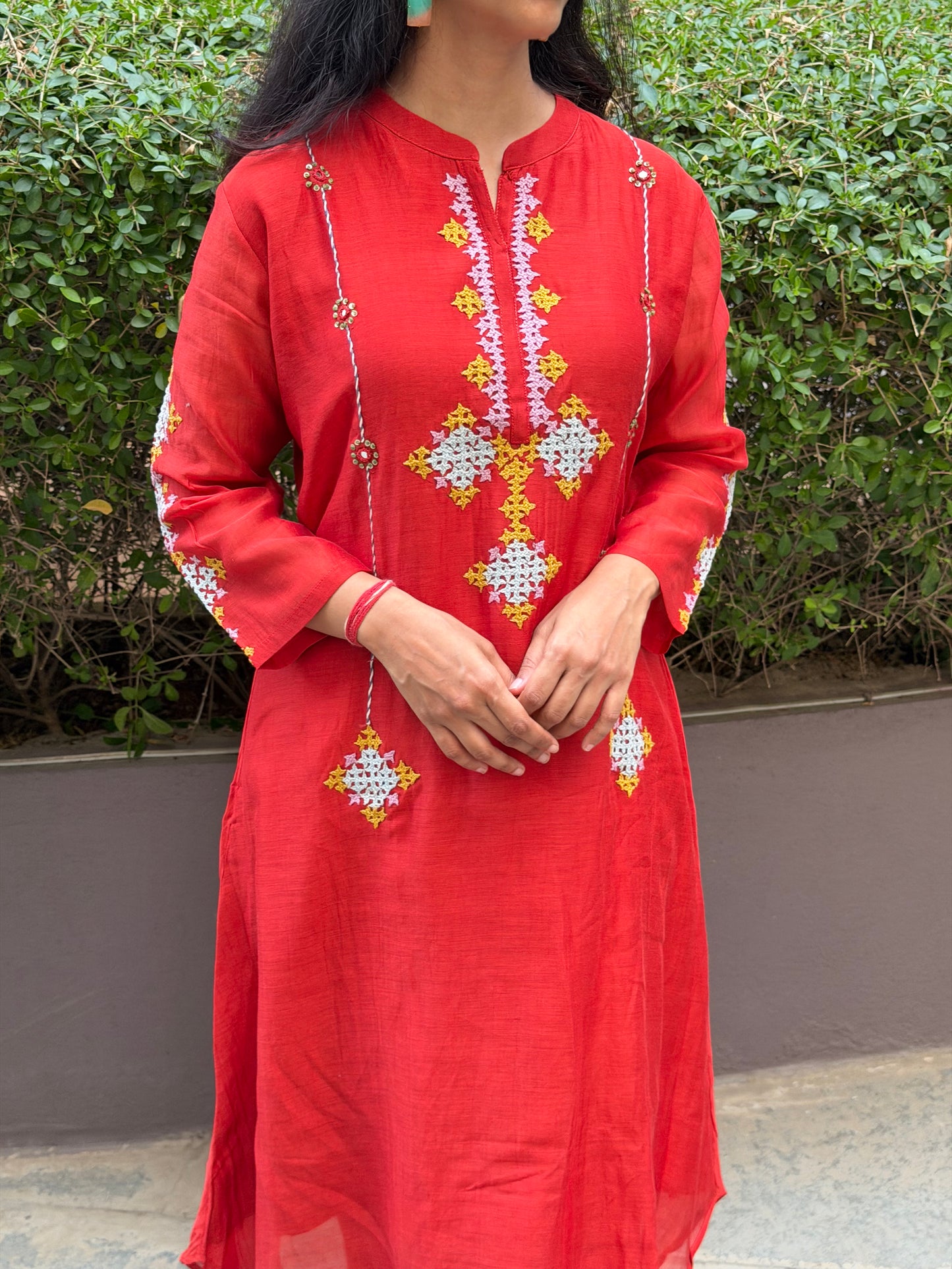 A0673 rust mul Chanderi 2 piece set with Kutch work hand embroidery detailing all over the top