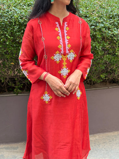 A0673 rust mul Chanderi 2 piece set with Kutch work hand embroidery detailing all over the top