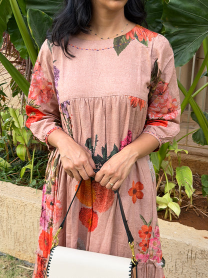 A0743 Buttercup, Beige shade multicoloured floral design dress This is running fabric and print placement may differ from size to size. Design would be same.