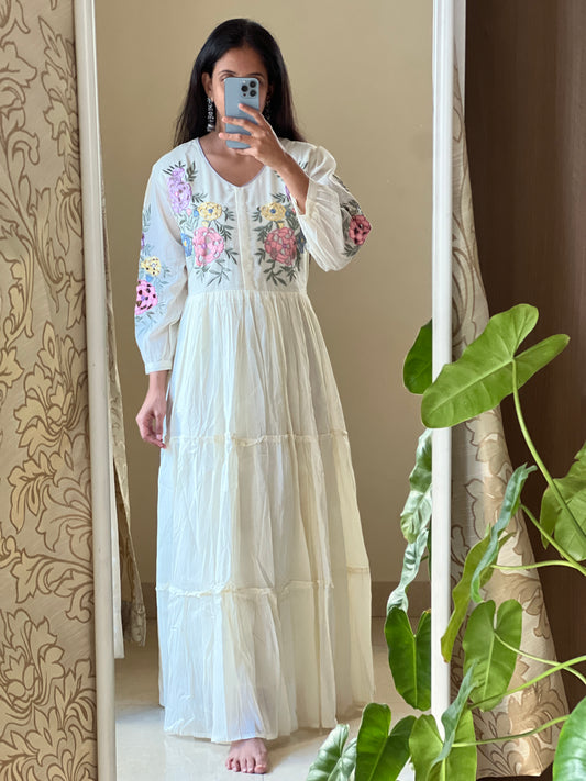 A0216 half white Mulmul one piece dress with cut work embroidery