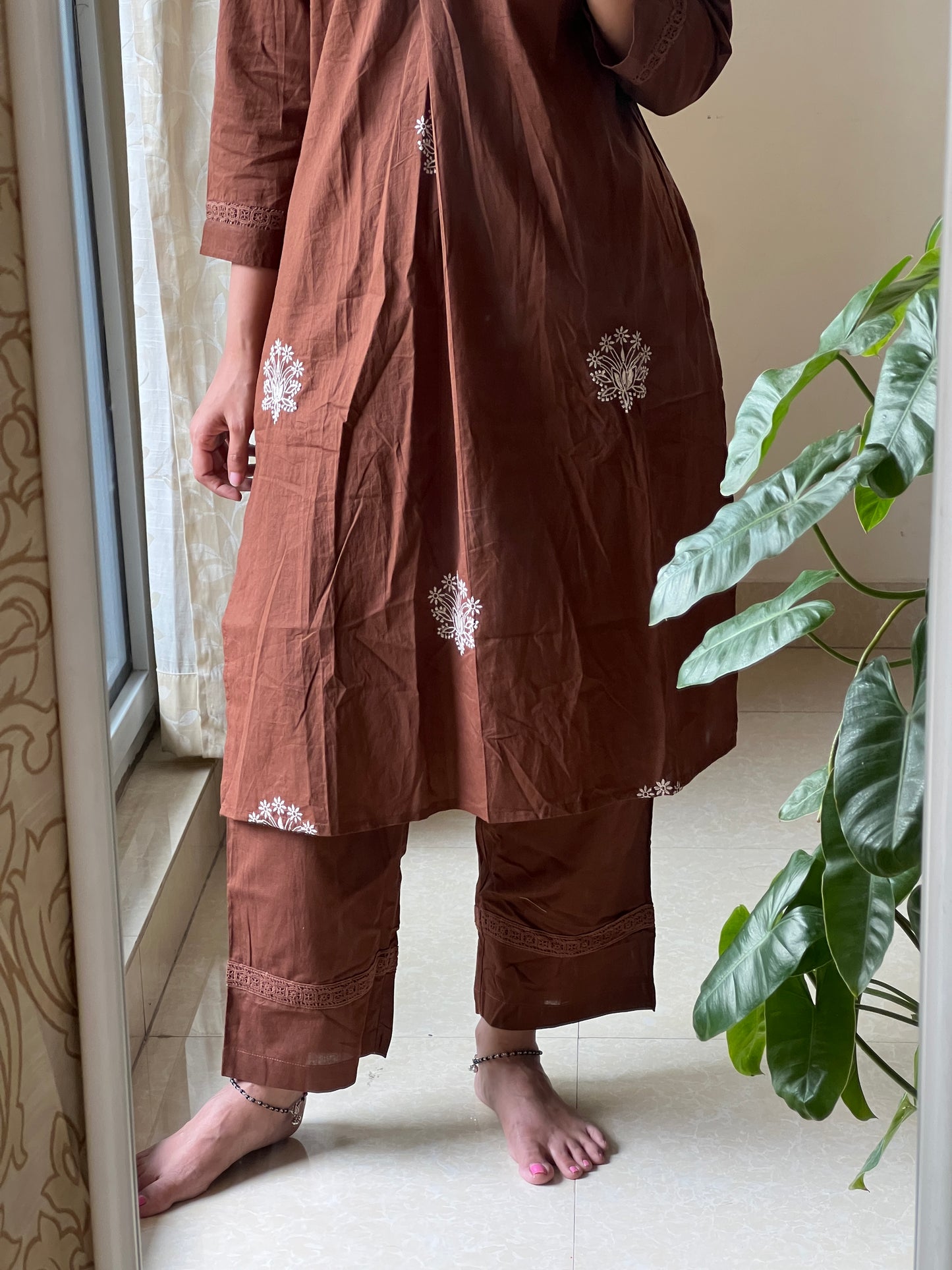 A0107 chocolate brown cotton 2 piece dress with machine embroidery detailing