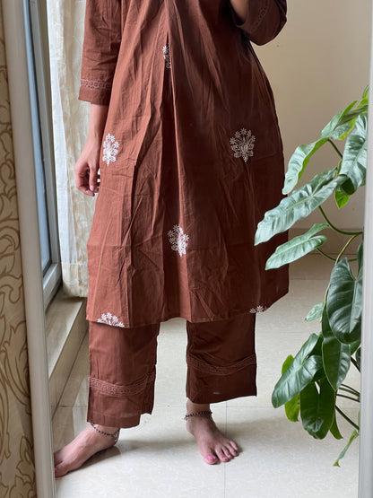 A0107 chocolate brown cotton 2 piece dress with machine embroidery detailing