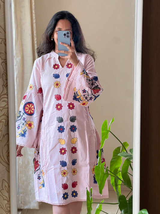A0138 Nude Pink Premium Cotton Short frock  with Machine Embroidery