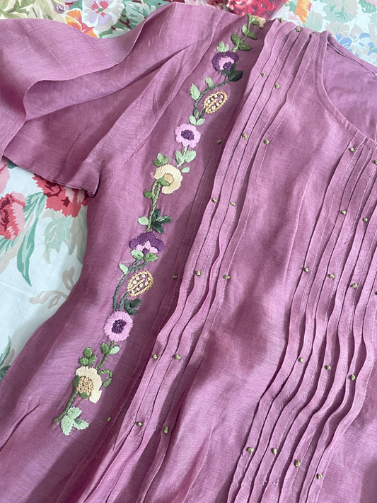 A0402 Premium Mul chanderi dress with hand embroidery detailing..
