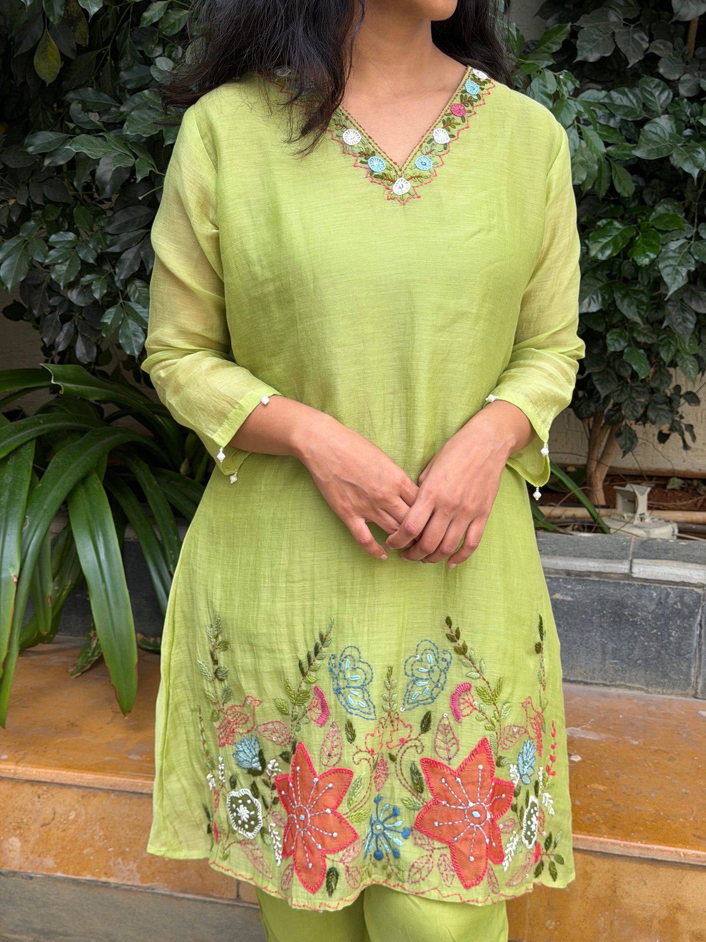 A0636 Beautiful pista green cooed set with hand embroidery detailing in Mul Chanderi fabric