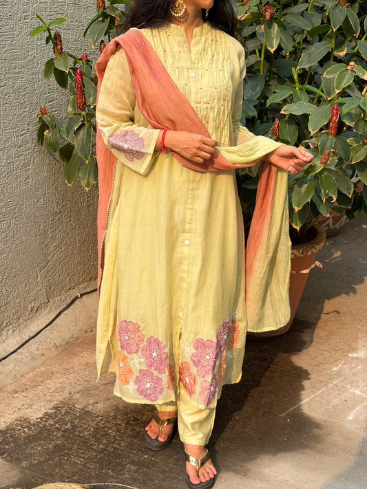 A0677 Pista Green Mul Chanderi 3pc with applique work detailing