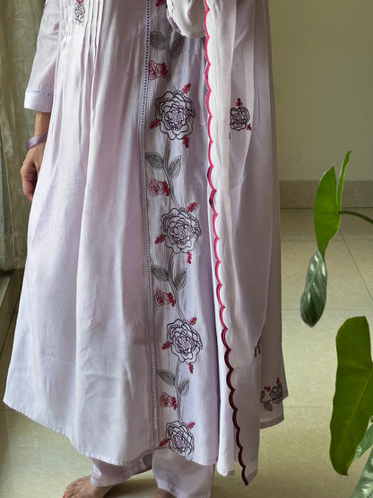 A0578 lavender mul chanderi 3 piece dress rose embroidery all over the dress with cut work duppatta