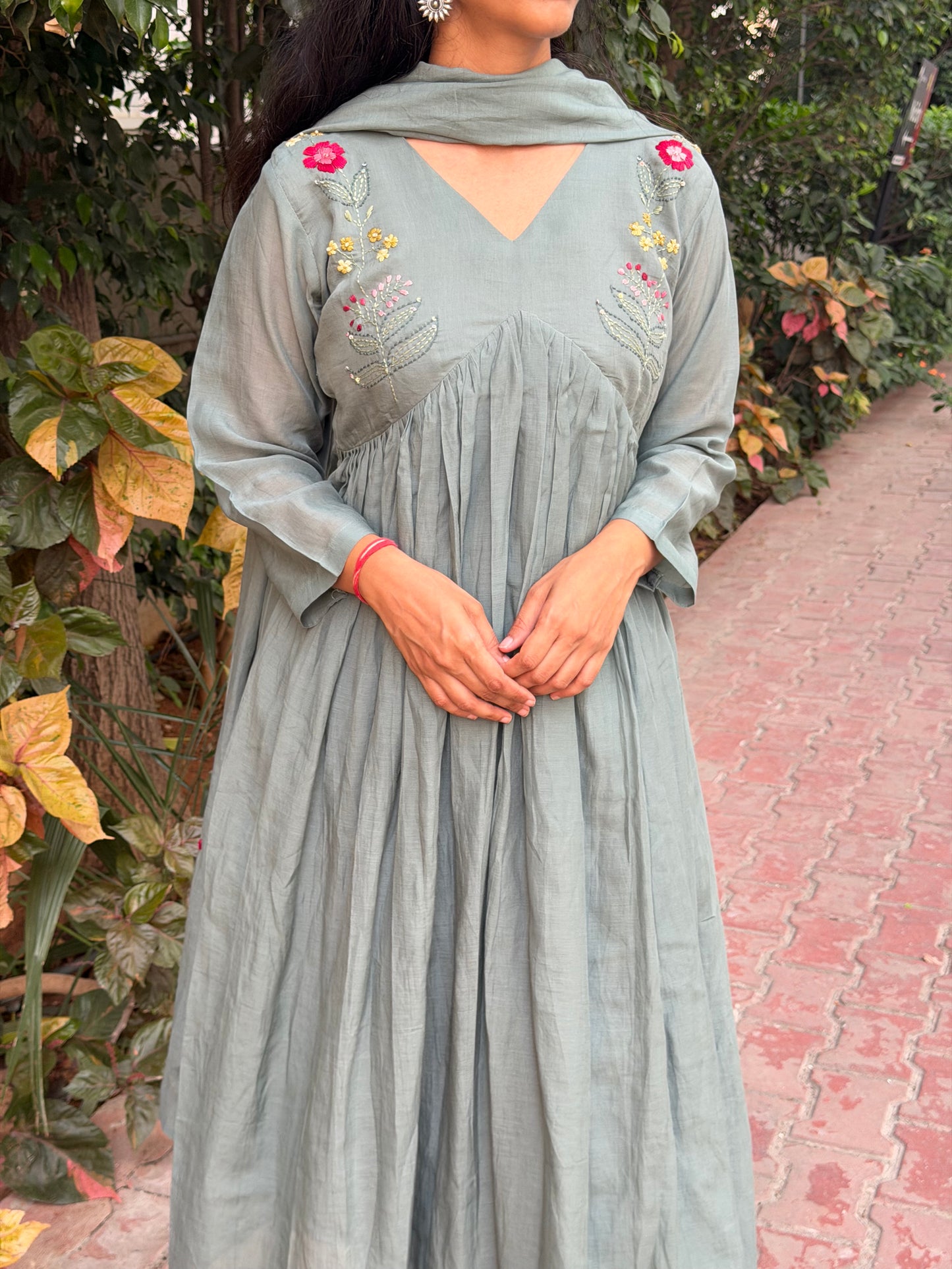 A0703 grey mul chanderi 3 piece dress with hand embroidery detailing on yoke part