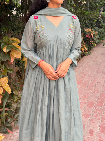 A0703 grey mul chanderi 3 piece dress with hand embroidery detailing on yoke part