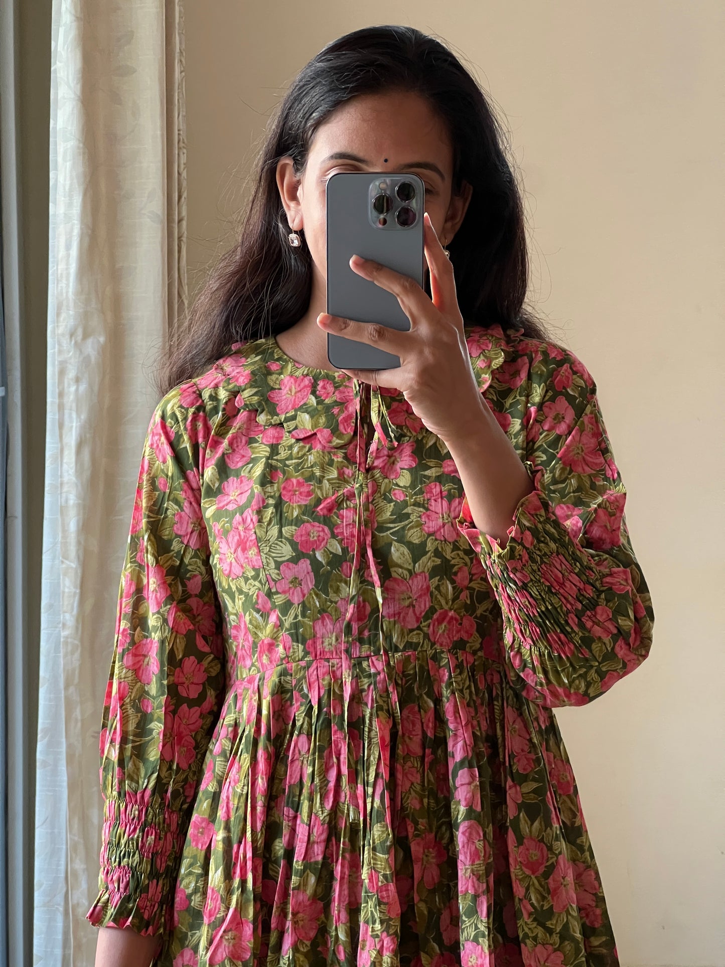 A0376 green & pink pure cotton Hand block prints summer frock