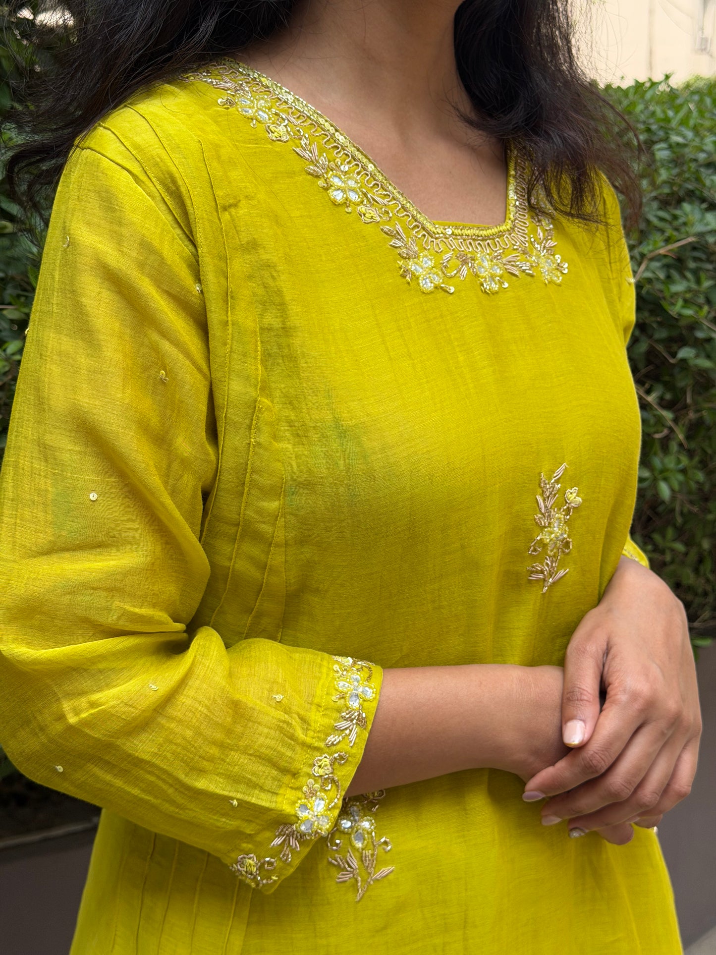 A0635 Beautiful yellow shade mul Chanderi cord set with Kundan, beads and embroidery detailing