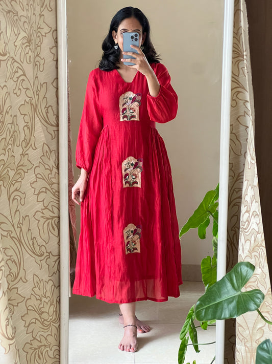 A0466 red mul chanderi one piece dress with applique work detailing & side gathers
