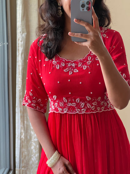 A0495 red chinnon one piece dress with moti & beads work