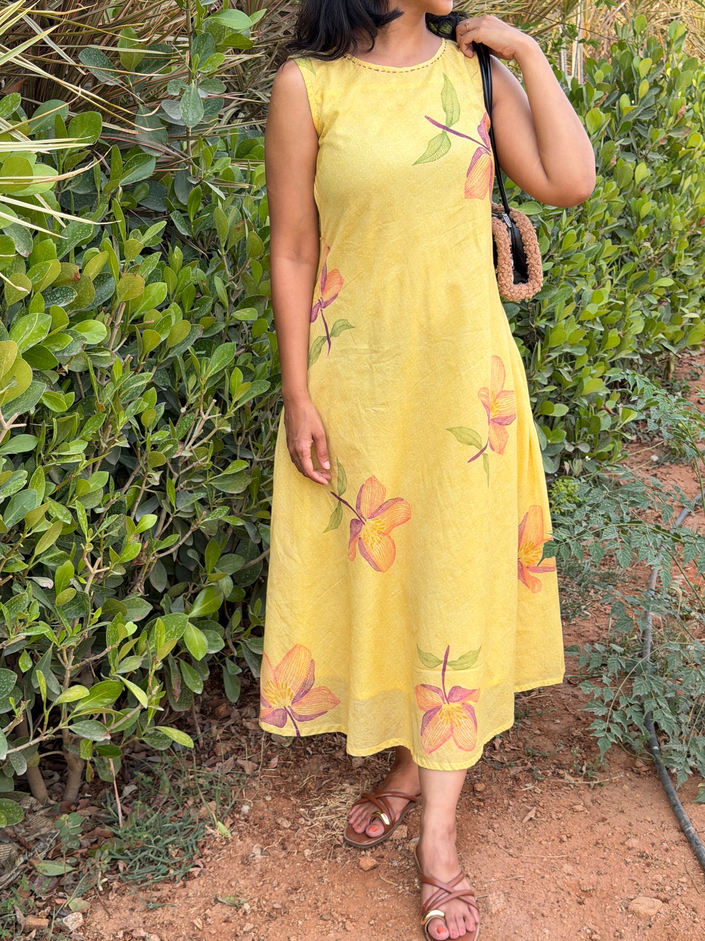 A0749 yellow mul cotton digital printed dress comes with lining