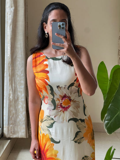 A0511 sunflower cotton silk one piece dress with digital floral printed pattern, sleeves are provided inside