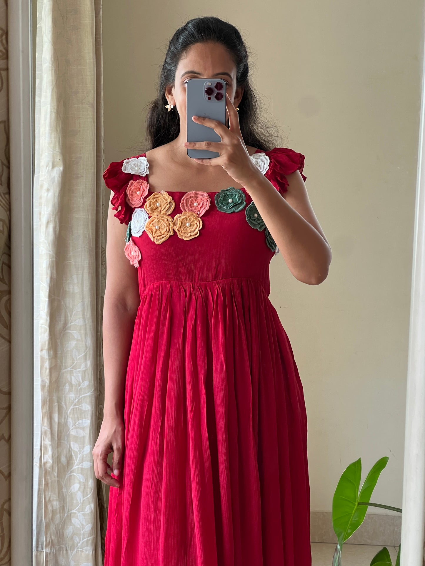 A0505 red chinnon one piece dress with multi colour floral applique work detailing on yoke part