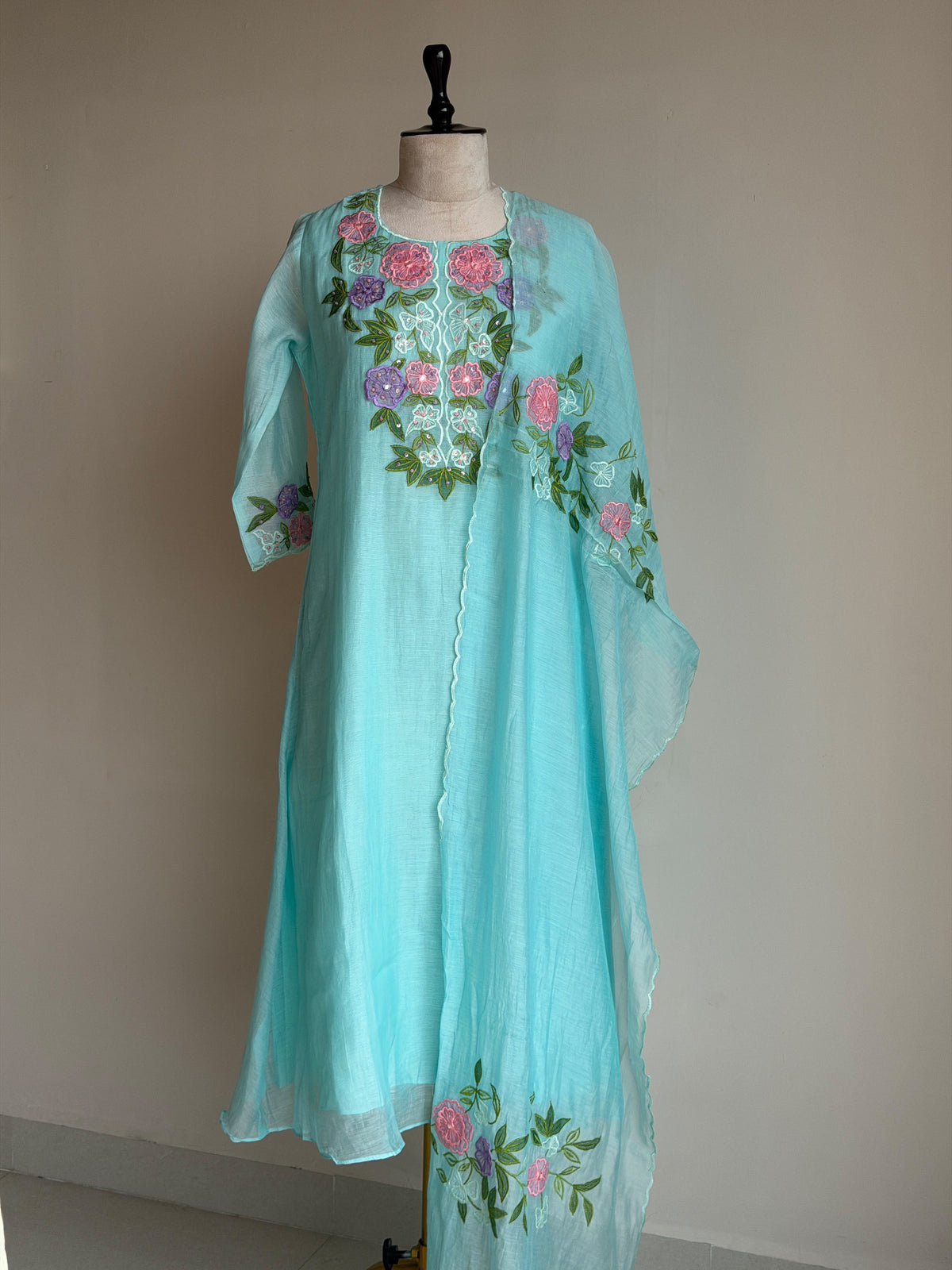 A0848 blue mul chanderi applique work 3 piece dress