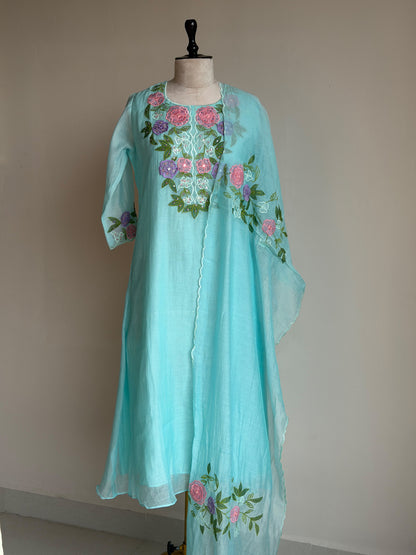 A0848 blue mul chanderi applique work 3 piece dress