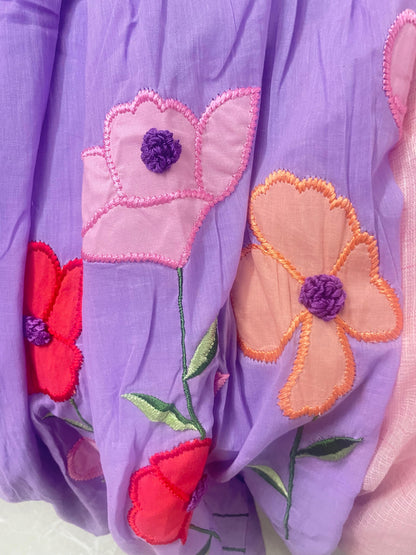 A0482 purple Mulmul one piece dress with applique work detailing