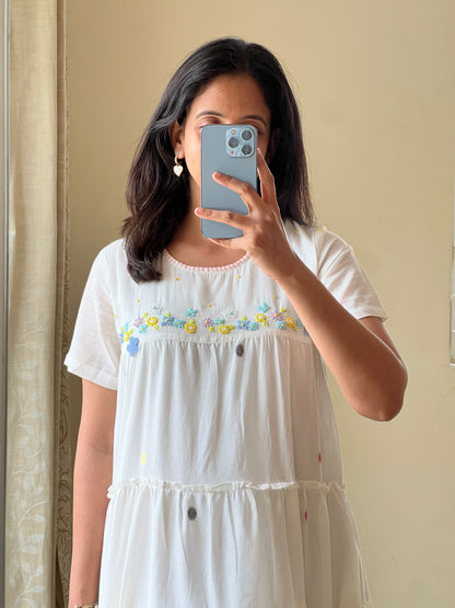A0490 white  Bengal cotton jamdani one piece dress with hand embroidery detailing on yoke part