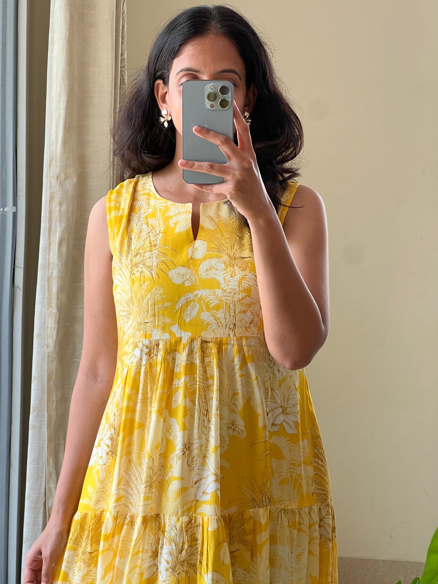 A0527 yellow premium cotton silk one piece floral printed dress, sleeves can be attached