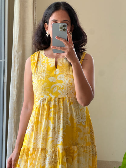 A0527 yellow premium cotton silk one piece floral printed dress, sleeves can be attached