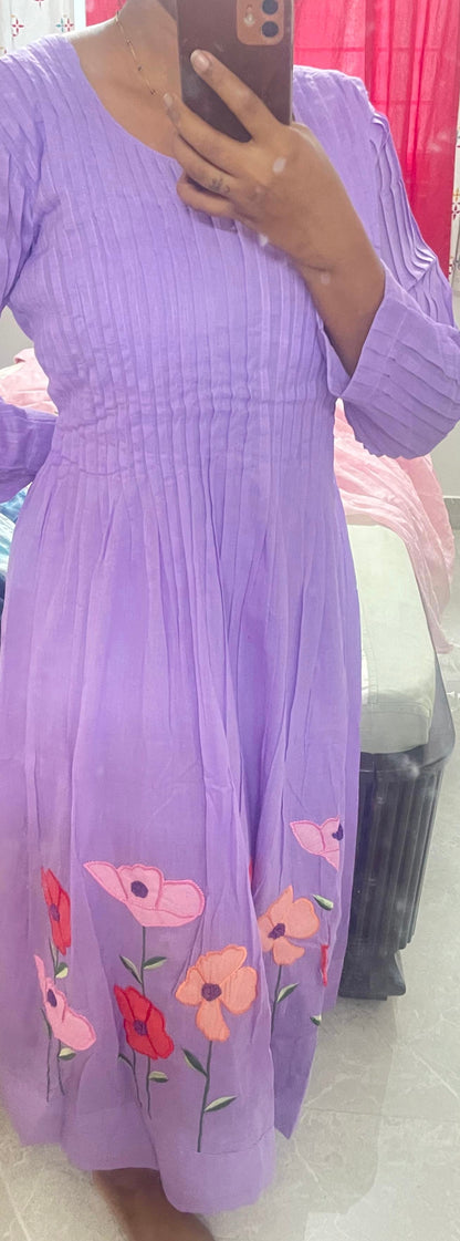 A0482 purple Mulmul one piece dress with applique work detailing