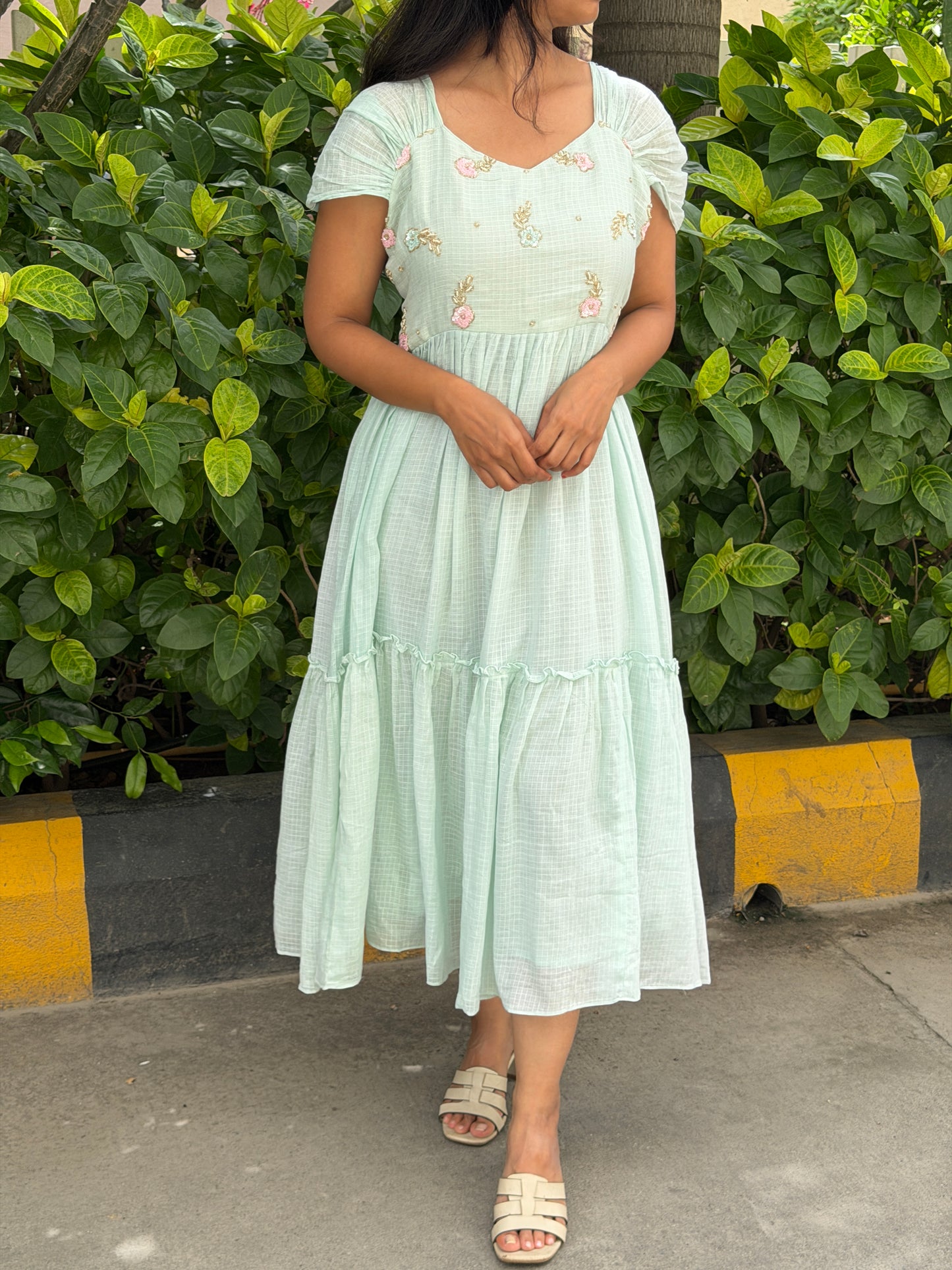 A0819 Cotton kota Sea blue dress with beautiful sleeves pattern