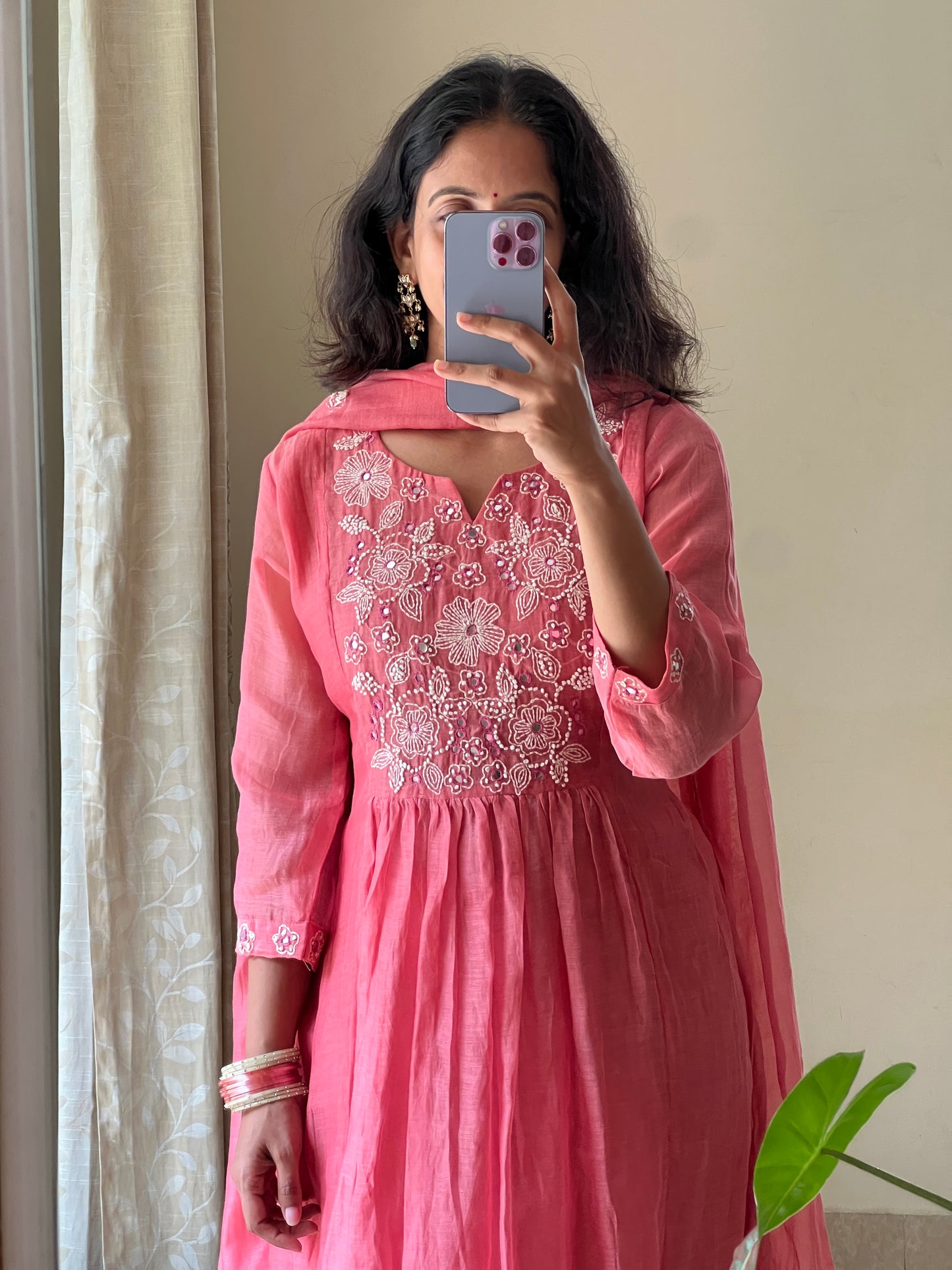 A0499 peach mul chanderi 3 piece dress with hand embroidery detailing on yoke part and buttis on duppatta