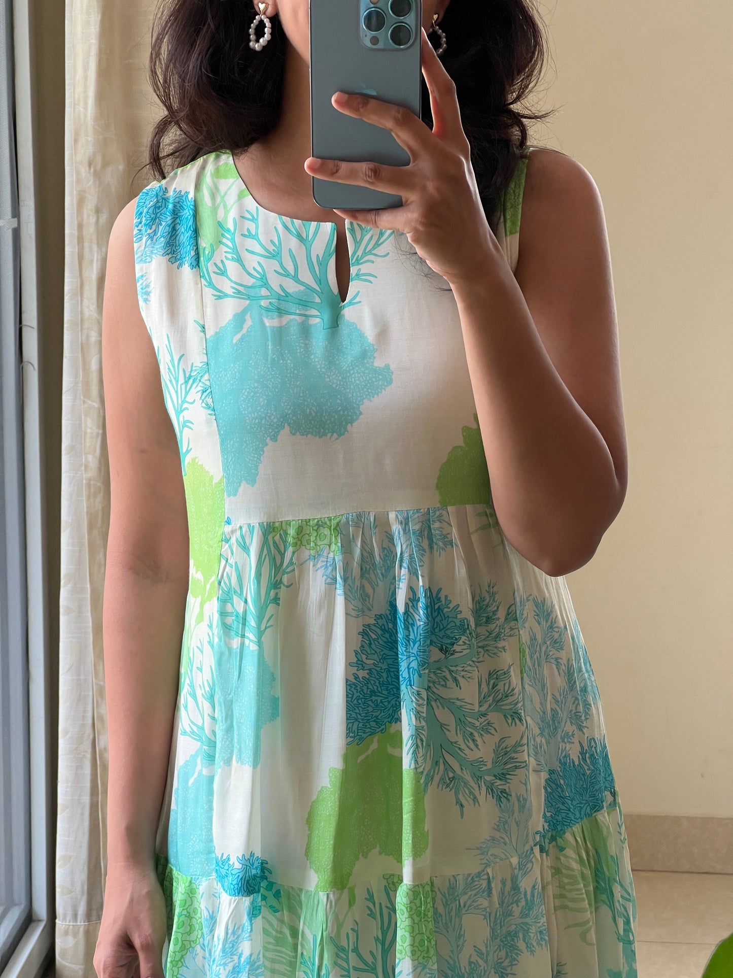 A0526 white & blue premium cotton silk one piece floral printed dress, sleeves can be attached